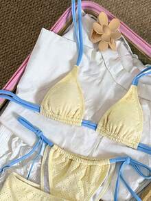 Swim Mod 3件套黄色布料蓝色侧系带露背设计女士泳衣套装