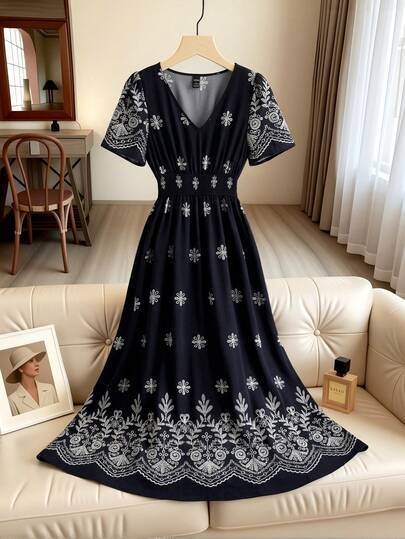 Breezaya Elegant Navy Blue V-Neck Short-Sleeved Dress With White Floral Pattern For Women. Suitable For Summer, Spring, Valentine's Day, Carnivals, Beach, Parties, Birthdays, Vacations, Casual Wear, And Graduation Season. (Keywords: Women's Summer Dresses, Summer Holiday Outfits, Women's Spring Outfits, Women's Spring Dresses, Spring Break Outfits, Spring Clothing, Women's Valentine's Day Outfits, Valentine's Day Dresses, Carnival Women's Outfits, Carnival Clothing, Women's Carnival Costumes, Party Dresses, Women's Elegant Party Dresses, Women's Beach Outfits, Beach Dresses, Beach Wear, Women's Elegant Dresses, Women's Elegant Outfits, Women's Vacation Outfits, Women's Holiday Outfits, Summer Vacation Outfits, Women's Casual Dresses, Women's Floral Dresses)Turkish Abaya, Arab Long Robe Fall Cloth For Women.Fashionable Casual Commuter Wear, Business Office Wear, Versatile And Stylish Everyday Casual Wear, Urban Teacher's Professional Attire