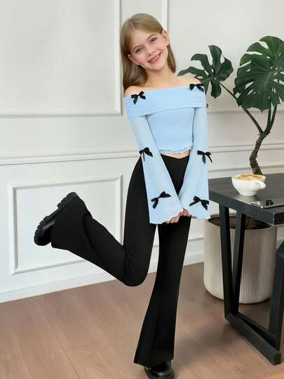 SHEIN Serisse Kids طقم ملابس علوية كاجوال منكشفة الكتف مع فيونكة وبنطلون واسع بلون أحادي للفتيات المراهقات