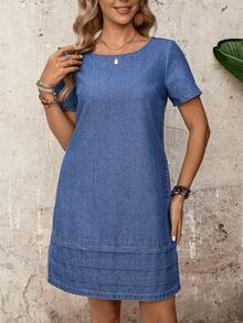 EMERY ROSE 女士时尚夏季短袖牛仔连衣裙 - 藍色 - 查看 3