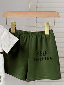 SHEIN Playful Pals Baby Boys' Casual, Simple, Stylish, Classic, And Cute Zoo Print Lion, Giraffe, Koala, And Sloth Pattern Print Comfortable Knit Crew Neck Short Sleeve T-Shirt And Knit Letter Print Shorts Set, Suitable For Spring And Summer, Home Wear, Outdoor Wear, Sportswear, And School Wear. - Multicolor - View 6