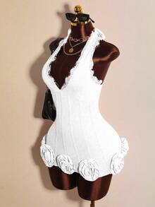 Mistrie Đầm yếm gợi cảm cổ chữ V sâu phối ren hoa màu trơn tương phản dành cho nữ - trắng - Xem 5