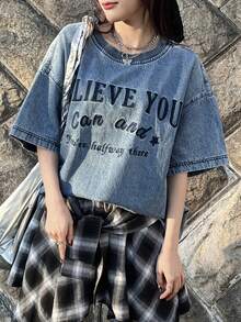 FRIFUL 女士休闲度假时尚街头标语刺绣宽松牛仔衬衫，适合日常通勤 - 藍色 - 查看 1