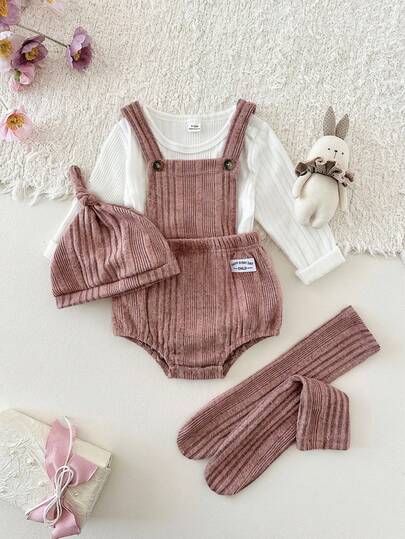 4 st/set Babyflicka/Unisex Spädbarn Småbarn Nyfödd 0-3T Vår/Höst Texturerad Ribbad Rund Hals Långärmad Body, Haklappsoveraller, Shorts Och Mössa & Tights 4-delad Outfit, Avslappnad & Söt, Lämplig För Inomhusaktiviteter