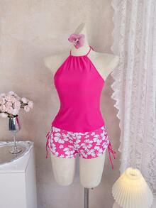 Bellisia 女士夏季海滩度假印花打结挂脖褶皱吊带泳衣 - 玫紅色 - 查看 3