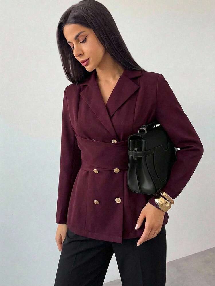 Firerie Women's Elegant Solid Color Minimalist Office Commute Burgundy Criss-Cross Tie Blazer, Women Blazers For Women, Burgundy Woven Fabric Cinched Waist Double-Breasted Tie Collar Blazer Jacket, VQalentine's Day,Elegant Party, Vacation, Office, Commute, Date,Autumn/Winter - Red Violet - View 1
