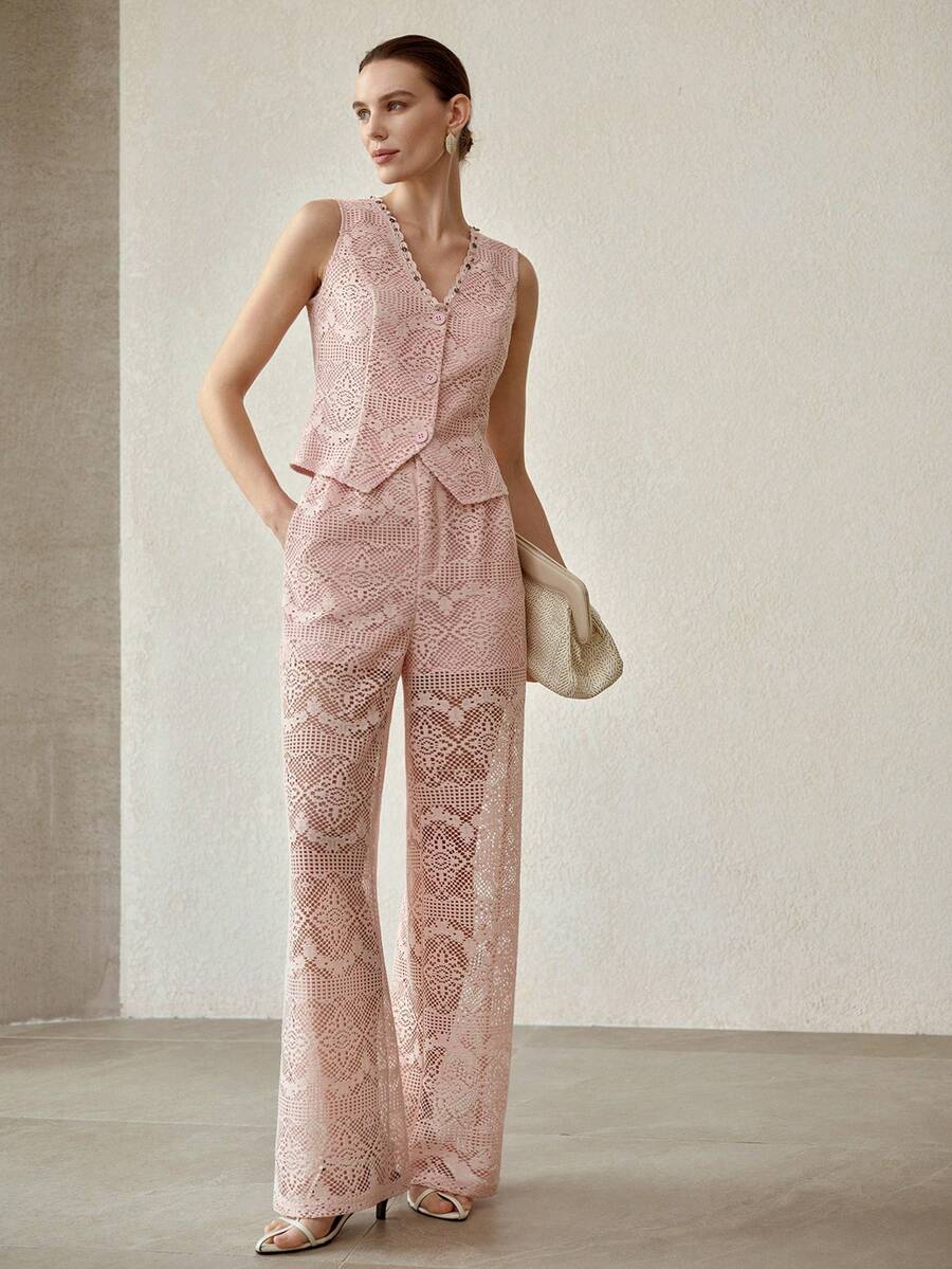 MOTF PREMIUM FASHIONABLE & ELEGANT CUSTOM-MADE SLEEVELESS VEST, LIGHTWEIGHT LUXURY LACE BEADED TRIM V-NECK FITTED VEST, SPRING/SUMMER - Pink - View 2