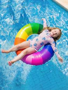 SHEIN Girls' Blue Cute Cartoon Print Long Sleeve One-Piece Swimsuit Set (With Hat), Girls' Swimsuit Set, Girls' Beach Outfit, Girls' Long Sleeve Rash Guard Beach Set Suitable For Vacation, Summer Zipper Round Neck Swimsuit - Baby Pink - View 2