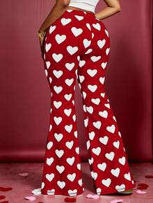 Maweii Plus Size Valentine's Day Heart Print Flare Pants - Red and White - View 2