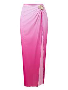 Swim SXY Conjunto de 3 piezas de traje de baño de mujer para verano con falda de malla, cuerda trenzada y estampado degradado para vacaciones y ocio - Rosa Fucsia - Ver 5