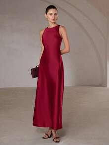 Aveloria Modichic 简约优雅不对称下摆双面缎面醋酸纤维面料A字无袖连衣裙（女款） - 紅色 - 查看 5