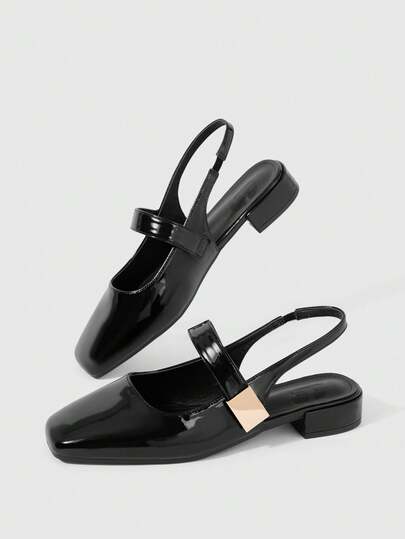 Sleekvia 女鞋方头短粗跟黑色金属扣带经典时尚基本款舒适通勤百搭工作购物女式平底鞋后跟带子空心鞋