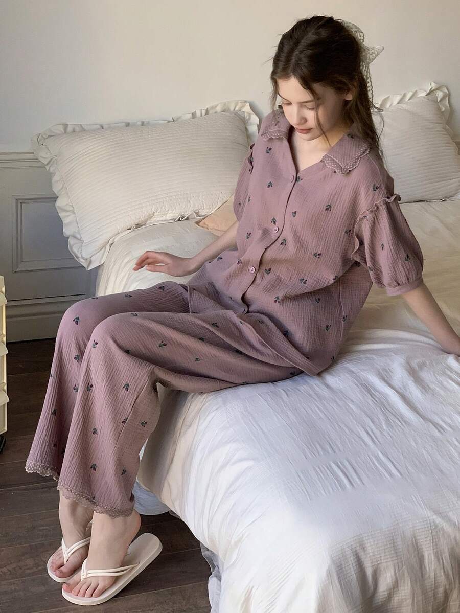 DAZY Teen Girls Minimalist Print Short Sleeve Top And Pants Pajama Set - Purple - View 1