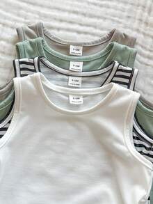 SHEIN Vintaside Kids 4件套男女通用婴儿休闲舒适白色背心，经典百搭设计，适合日常穿着、度假、上学、聚会、春夏穿着。 - 彩色 - 查看 6