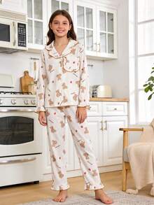 Girls' Sweet Cute Bear & Strawberry Print Ruffle Trim Long Sleeve Cardigan & Pants Set, Woven, Suitable For Spring, Autumn, All Seasons Cute Pajamas - Multicolor - View 1