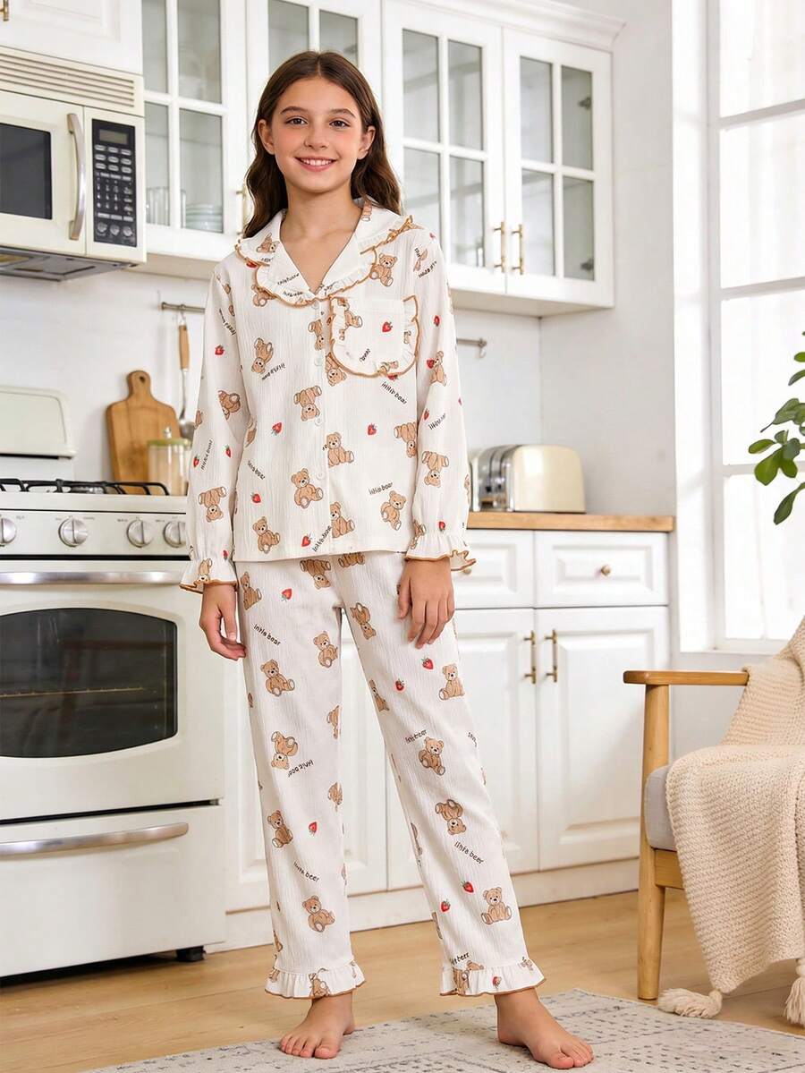 Girls' Sweet Cute Bear & Strawberry Print Ruffle Trim Long Sleeve Cardigan & Pants Set, Woven, Suitable For Spring, Autumn, All Seasons Cute Pajamas - Multicolor - View 1