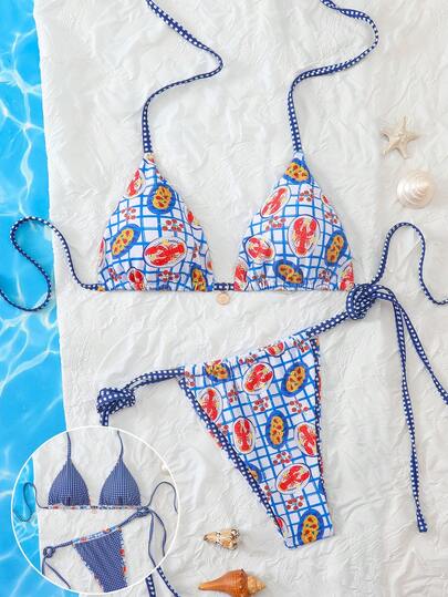 Swim Mod 2pcs Women's Reversible Printed Bikini Set, Sexy Triangle Cup Halter Swimwear Top With Matching Triangle Bottom