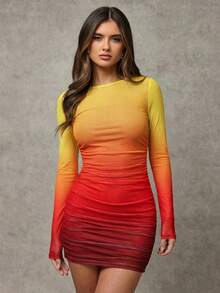 SHEIN BAE Women's Ombre Color Round Neck Long Sleeve Fitted Dress - Red - View 3