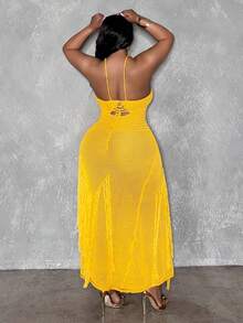 Veslaya 2026春夏新款大码女装，适合音乐节、复活节、西部风、游牧风、生日派对、毕业典礼、通勤、早午餐、机场、聚会、假日等场合——芥末黄针织露背露腰流苏紧身连衣裙 - 黃色 - 查看 4