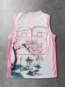 ROMWE MEN Prep Men's Casual Cherry Blossom Print Street Style Tank Top, Spring/Summer - White - View 3