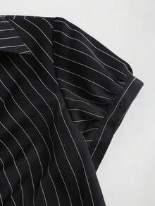 Sweetra Petite 复古美式条纹 Polo 领短袖修身时尚百搭夏季女式衬衫 - 黑色 - 查看 8