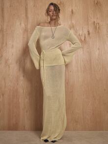 MUSERA Off The Shoulder Tie Waist Longline Lightweight Knit Jumper Winter NewYear Cute Sexy Going Out Evening Party Accented Valentines Day - Apricot - View 5