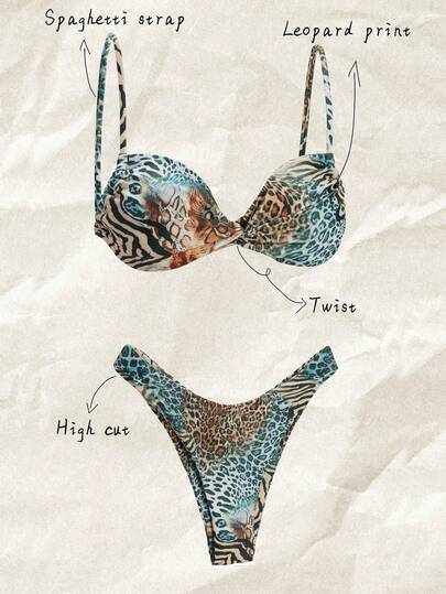 Elavelle 1 件女式印花动物图案拼布抹胸比基尼套装，适合夏季海滩