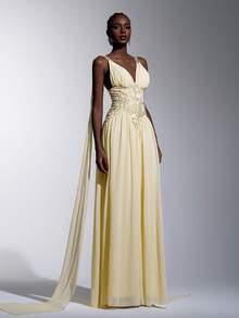 Elitara Elegant & Luxurious Light Yellow Beaded Embroidery Chiffon Dress, Adjustable Spaghetti Straps With Flared Hem, Formal Evening Gown - Light Yellow - View 5