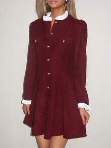 Sydney Algeri Gaun Lengan Panjang Elegan dengan Kerah Tegak dan Kancing Depan, Warna Kontras, Warna Burgundy, Pakaian Wanita untuk Musim Gugur - Burgundy - View 3