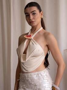 Andrea Bello 1 件女式纯色针织露背垂褶无袖上衣，狂欢上衣，适合外出、音乐会、派对、俱乐部、约会、夜间外出、度假、海滩、花园婚礼宾客，优雅女士上衣，约会、音乐会、派对、俱乐部、情人节、毕业典礼，适合秋冬季 - 杏色 - 查看 3