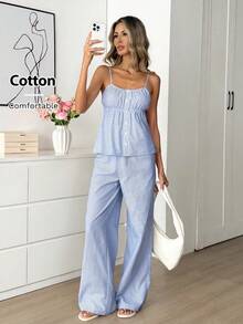 Easowa Bộ đồ 2 món dành cho nữ, gồm áo hai dây kẻ sọc xanh và quần ống đứng, thích hợp cho kỳ nghỉ. - Màu xanh lam - Xem 1