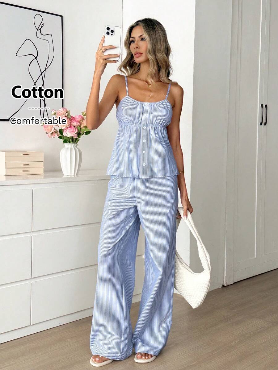 Easowa Bộ đồ 2 món dành cho nữ, gồm áo hai dây kẻ sọc xanh và quần ống đứng, thích hợp cho kỳ nghỉ. - Màu xanh lam - Xem 1