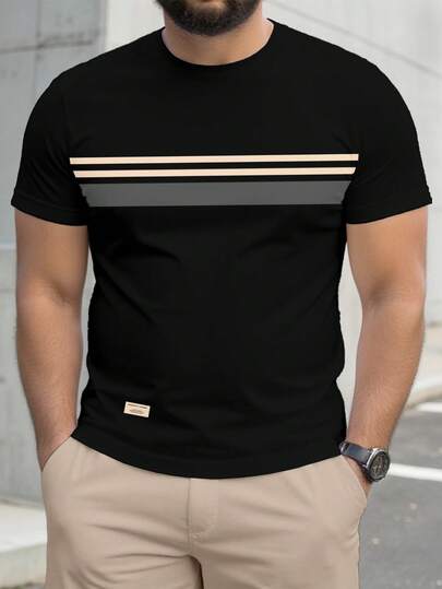 Manfinity Homme Stylish Contrast Stripe Patchwork Print Slim Fit Plus Size Men Short Sleeve T-Shirt, Essential For Dates And Gatherings, Outfit, Suitable As Gift For Boyfriend