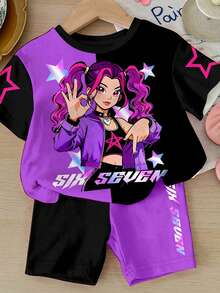 SHEIN 2件套女婴休闲时尚彩色K-POP女团字母和星星印花个性化趣味数字67图案圆领短袖T恤和短裤套装，适合夏季穿着。紫色女婴紫色T恤街头风女童紫色婴儿图案T恤 - 彩色 - 查看 6