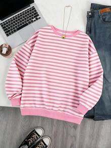 Resyla Korean Style Fashionable Versatile Colorful Striped Pattern Sweatshirt, Suitable For Outerwear, Photography, Camping, Autumn, Winter, Back To School, Women's Regular Crew Neck