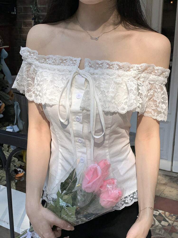 Lace Patchwork Off Shoulder Short Sleeve Casual Blouse For Women, Spring/Summer