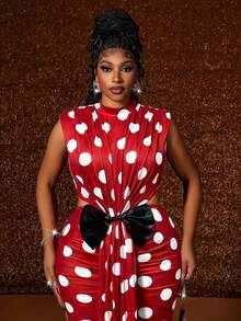 Maweii Vestido de fiesta, cumpleaños o Navidad para mujer de talla grande, elegante, con diseño de hombros fruncidos, decoración de lazo 3D exagerado y bloque de color, vestido de cóctel de moda para otoño/invierno - Rojo y blanco - Ver 6