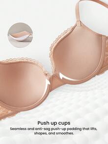 LUVLETTE Sujetador de lencería clásico con efecto push-up y encaje, con soporte para curvas y acabado liso en color nude - Camel - Ver 7