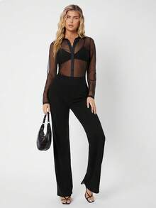 SHEIN Tall CURVE 大码百搭纯色喇叭裤 - 黑色 - 查看 8