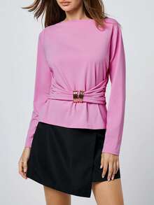 Maija Fitted Crew Neck Long Sleeve Light Pink Women Knit Top, Suitable For Early Spring Transition, Fitted & Slimming Women T-Shirt, Pink Top , Summer Holiday Outfits, Summer Tops , Spring Break Outfits , Bat Sleeve Design - Baby Pink - View 9