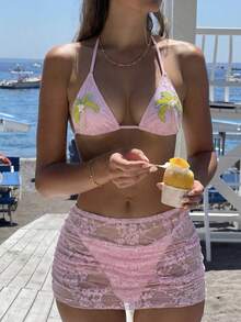 Bonvoyette Trang phục đi biển dành cho nữ - Bộ bikini siêu nhỏ viền ren, trang trí cây dừa, váy ngắn ren, bộ 3 món thời trang thường ngày gợi cảm ngọt ngào cho khu nghỉ dưỡng (Áo bikini buộc cổ, váy ngắn) - Màu Hồng baby - Xem 2