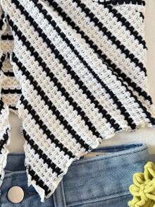 SHEIN Tween Girl Striped Twist Ruched Asymmetric Hem Fashionable Versatile Party Wear Top - Black and White - View 7