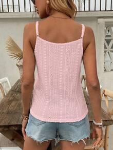 Balvessa 女士时尚镂空提花纹理无袖上衣，波西米亚风纽扣吊带背心针织背心粉色上衣女士毛衣背心针织上衣女士吊带背心 - 粉色 - 查看 2
