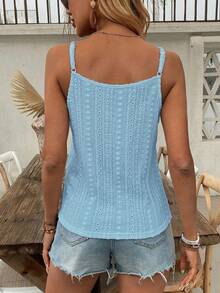 EMERY ROSE Women's Light Blue Chic Knitted Semi-Sheer Eyelet Embroidery Cami Top V Neck Regular Length,Summer Boho Casual Vacation Holiday Tank Top For Concert - Blue - View 2