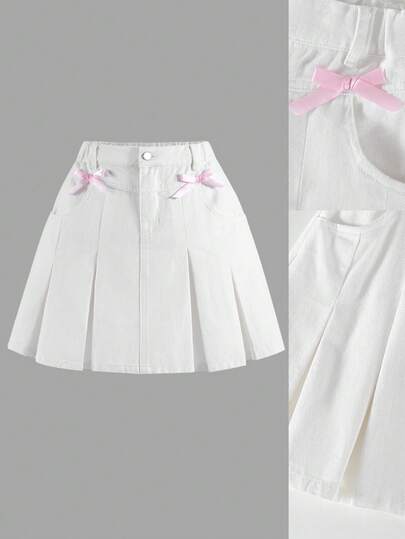 Tween Girls Cute Style Girls Short Skirt, Spring/Summer, White With Pink Bow Design, Short A-Line Pleated Denim Mini Skirt, Soft And Comfortable Fabric, Suitable For School, Commute, And Daily Outings