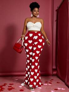 Maweii Plus Size Valentine's Day Heart Print Flare Pants - Red and White - View 6