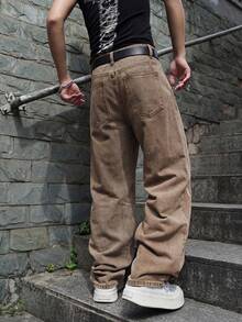 Manfinity EMRG Loose Men's Lightning Print Wide Leg Jeans - Khaki - View 2