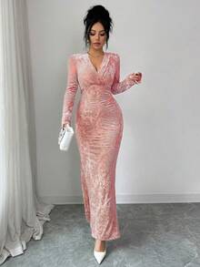 Rafferiza 女士天鹅绒烧花垂褶领长袖修身中长连衣裙，冬季 - 粉色 - 查看 7