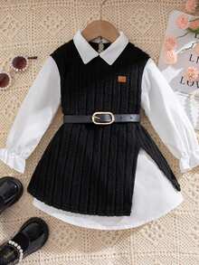 Young Girls' Color Block 2 In 1 Dress, Autumn/Winter - Black - View 3