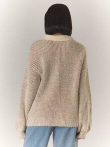 MUSERA 双色马海毛针织领超大纽扣细节套头衫，酷女孩、街头风、可爱风，适合秋冬季 - 棕色 - 查看 4